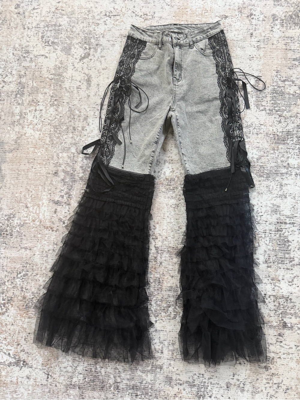 AKIRA Gray Denim Jeans with Black Lace & Tulle Flare